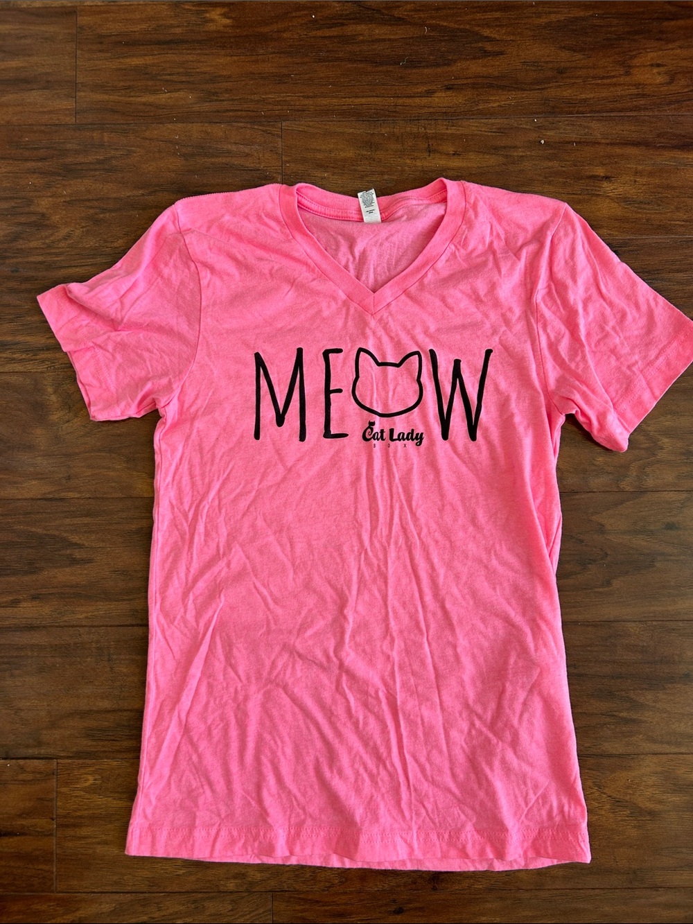 Gildan Pink V-Neck 'MEOW' Cat Lady Tee